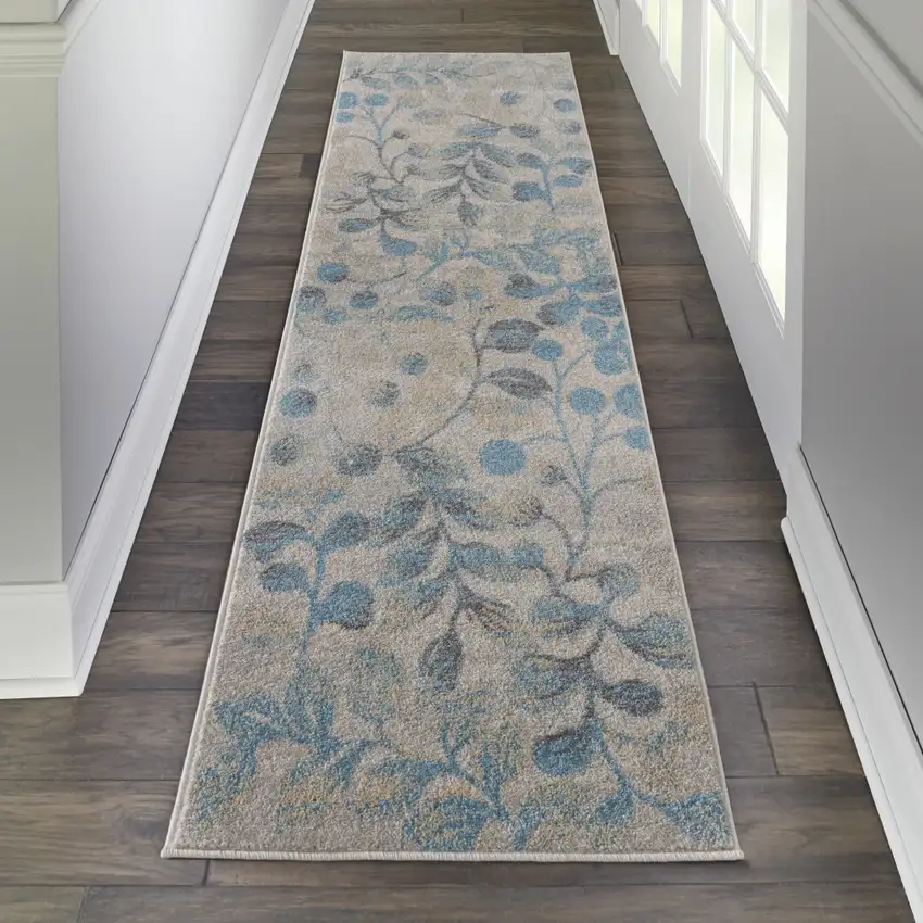 7' Ivory And Turquoise Botanical Leaves Runner Rug Photo 5