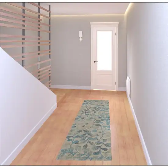 7' Ivory And Turquoise Botanical Leaves Runner Rug Photo 1