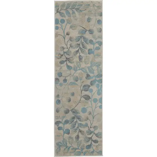 7' Ivory And Turquoise Botanical Leaves Runner Rug Photo 2