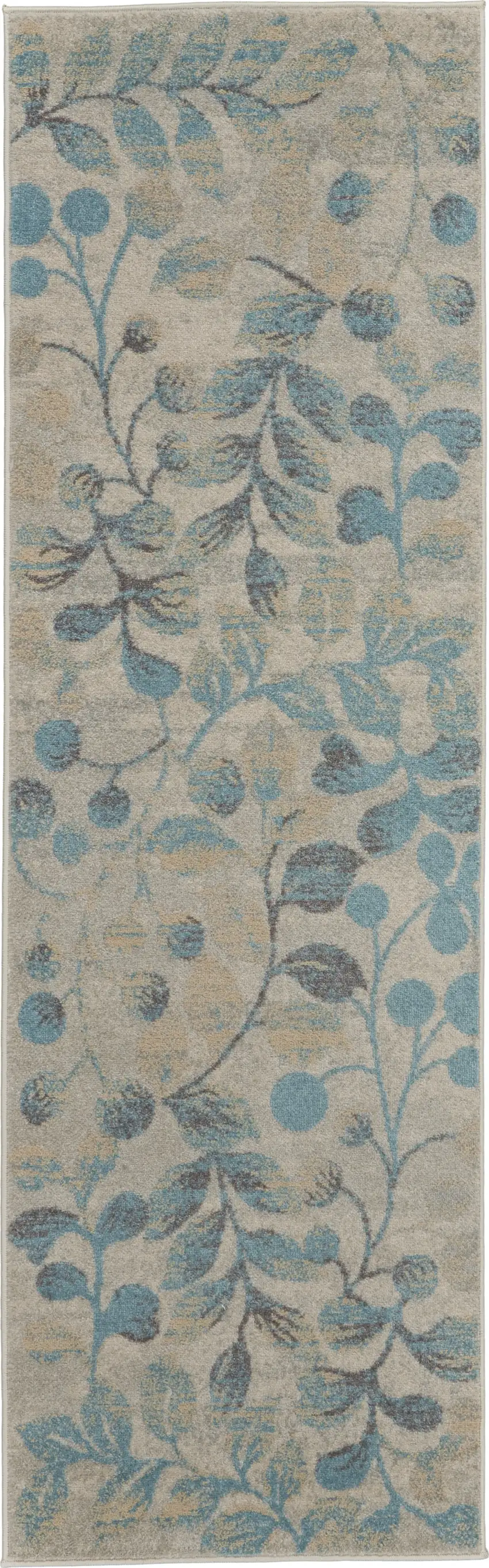 7' Ivory And Turquoise Botanical Leaves Runner Rug Photo 2