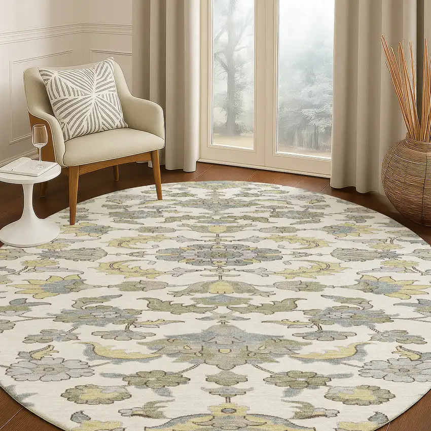 8' Ivory And Wheat Round Floral Medallion Washable Indoor Outdoor Area Rug Photo 5
