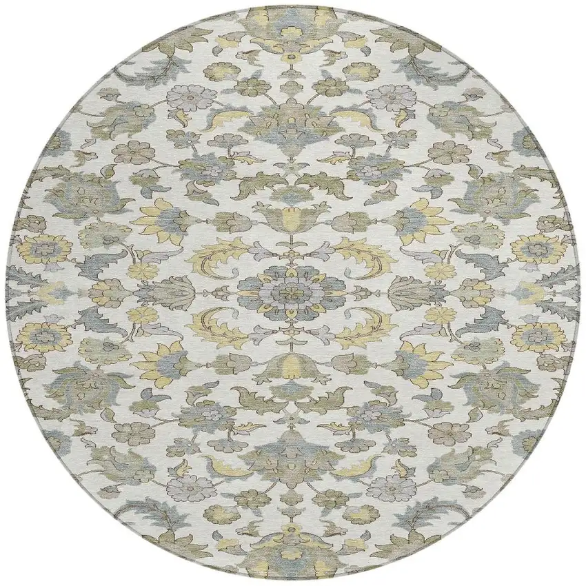 8' Ivory And Wheat Round Floral Medallion Washable Indoor Outdoor Area Rug Photo 3