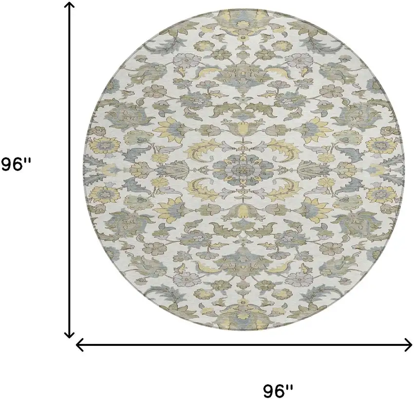 8' Ivory And Wheat Round Floral Medallion Washable Indoor Outdoor Area Rug Photo 8