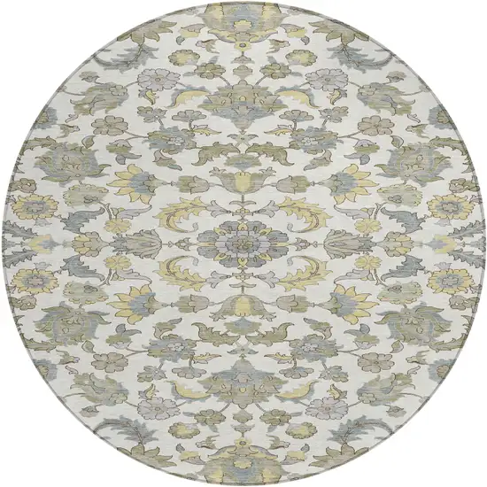 8' Ivory And Wheat Round Floral Medallion Washable Indoor Outdoor Area Rug Photo 1