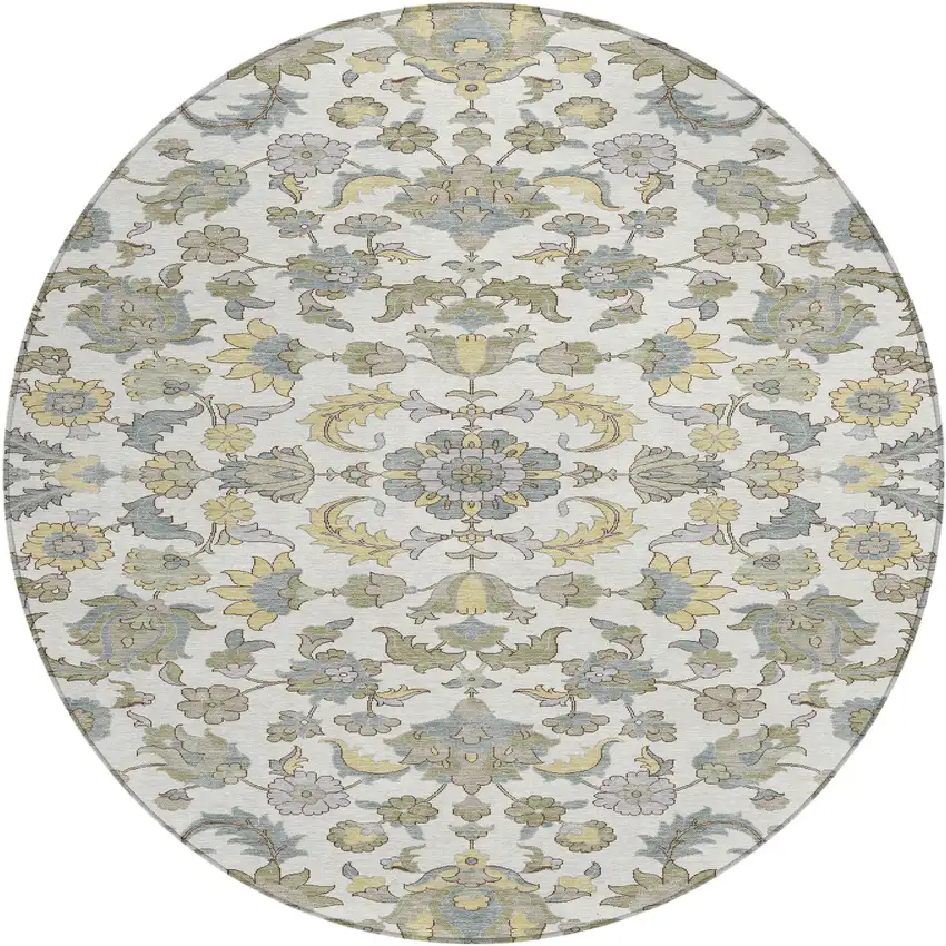 8' Ivory And Wheat Round Floral Medallion Washable Indoor Outdoor Area Rug Photo 1