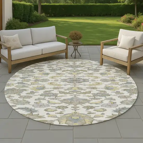 8' Ivory And Wheat Round Floral Medallion Washable Indoor Outdoor Area Rug Photo 4