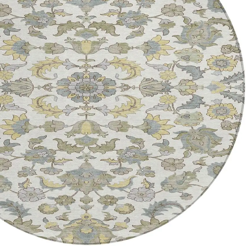 8' Ivory And Wheat Round Floral Medallion Washable Indoor Outdoor Area Rug Photo 2