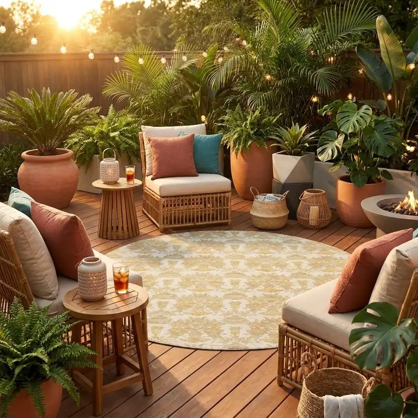 8' Ivory And Wheat Round Floral Washable Indoor Outdoor Area Rug Photo 1