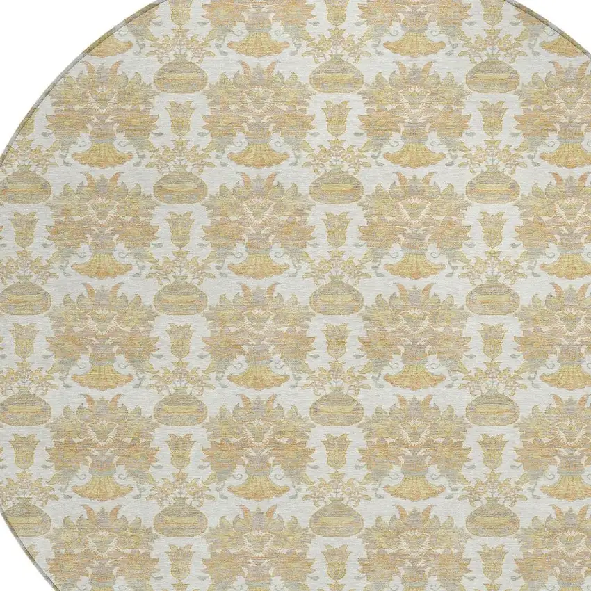 8' Ivory And Wheat Round Floral Washable Indoor Outdoor Area Rug Photo 5