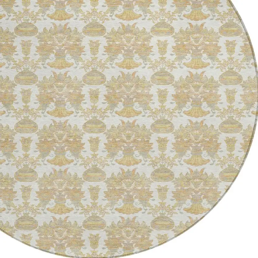 8' Ivory And Wheat Round Floral Washable Indoor Outdoor Area Rug Photo 4