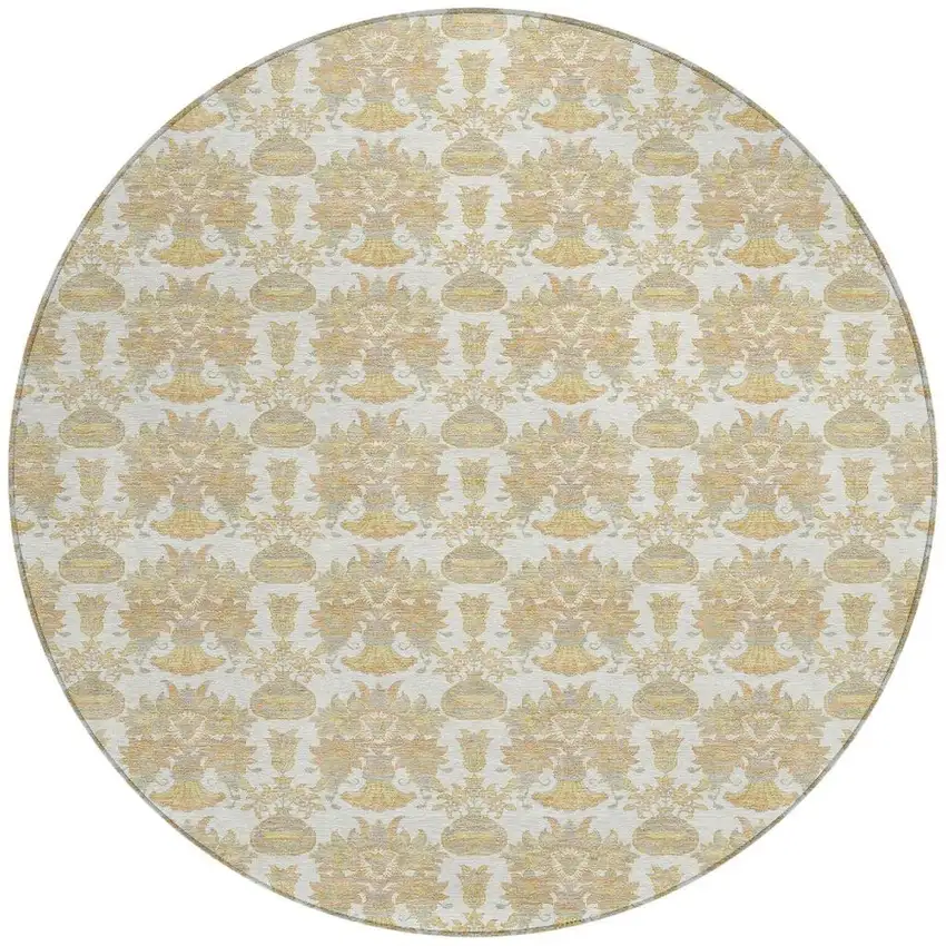 8' Ivory And Wheat Round Floral Washable Indoor Outdoor Area Rug Photo 3