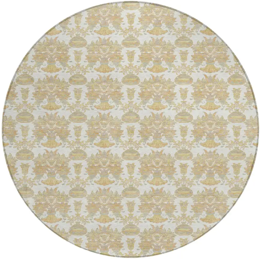 8' Ivory And Wheat Round Floral Washable Indoor Outdoor Area Rug Photo 2