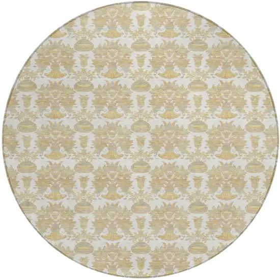 8' Ivory And Wheat Round Floral Washable Indoor Outdoor Area Rug Photo 2