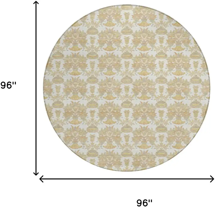 8' Ivory And Wheat Round Floral Washable Indoor Outdoor Area Rug Photo 8