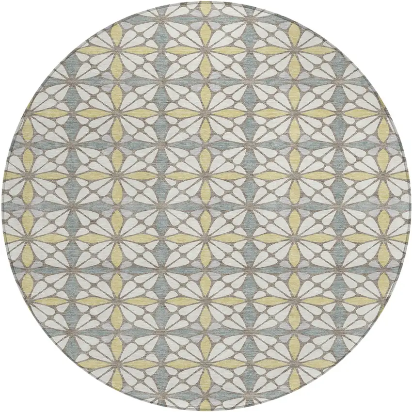 8' Ivory And Wheat Round Geometric Washable Indoor Outdoor Area Rug Photo 1