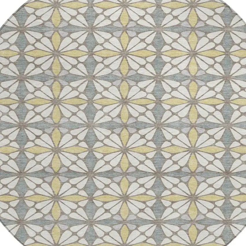 8' Ivory And Wheat Round Geometric Washable Indoor Outdoor Area Rug Photo 2