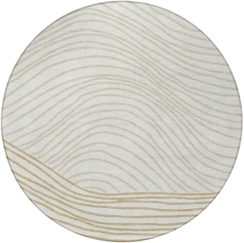 8' Ivory And Wheat Round Striped Washable Indoor Outdoor Area Rug Photo 5