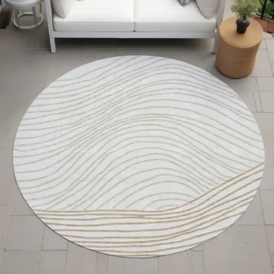 8' Ivory And Wheat Round Striped Washable Indoor Outdoor Area Rug Photo 8
