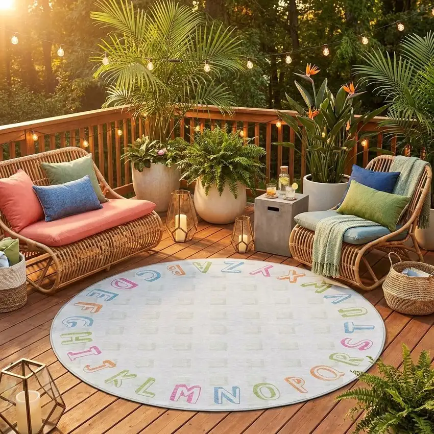 8' Ivory And White Round Geometric Washable Indoor Outdoor Area Rug Photo 1