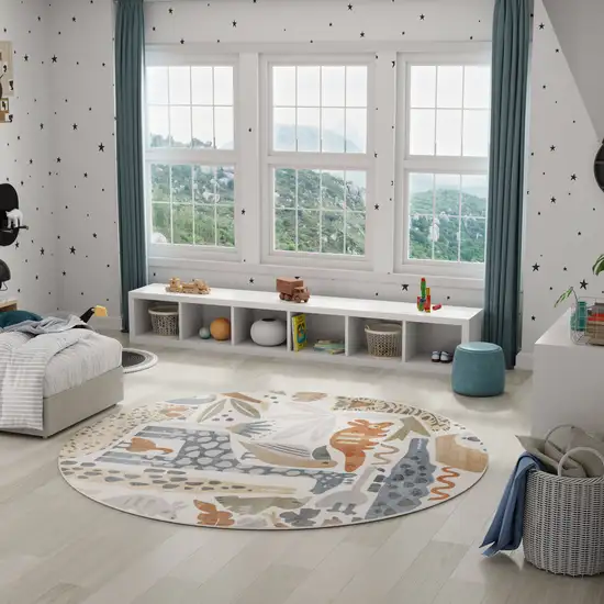 8' Ivory Animal Print Round Rug Photo 5
