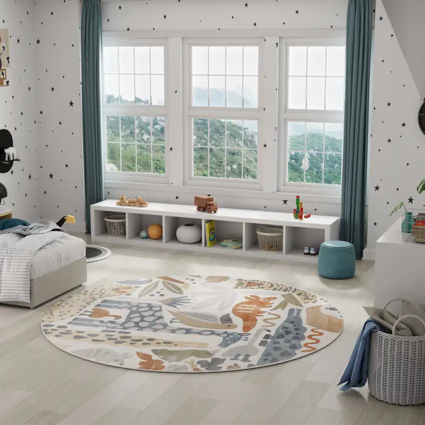 8' Ivory Animal Print Round Rug Photo 5