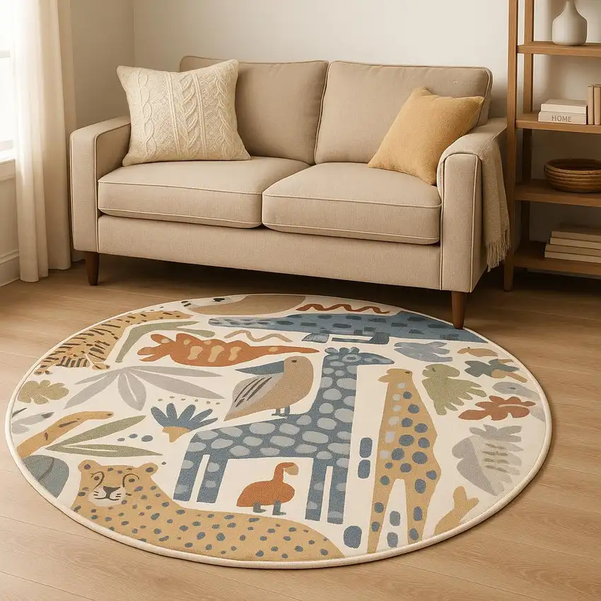 8' Ivory Animal Print Round Rug Photo 1