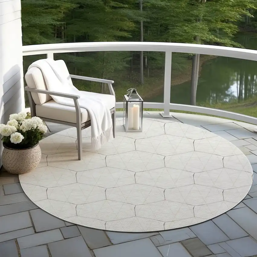 8' Ivory Beige And Black Round Geometric Washable Indoor Outdoor Area Rug Photo 6