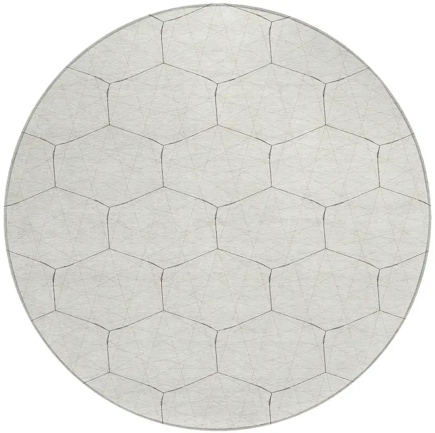8' Ivory Beige And Black Round Geometric Washable Indoor Outdoor Area Rug Photo 5