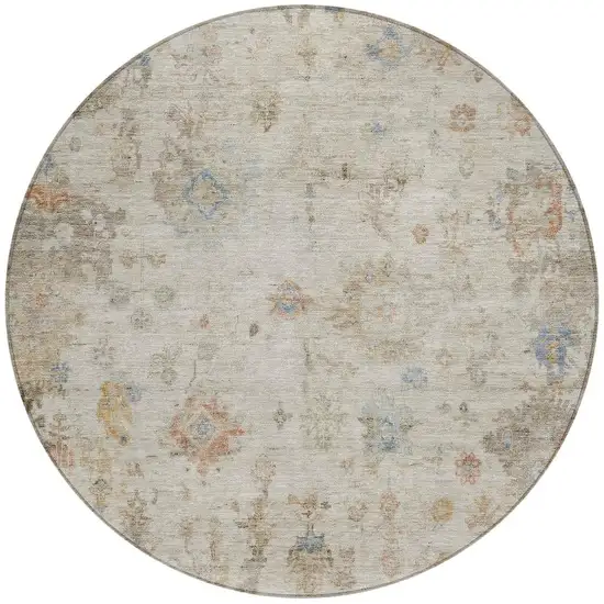 8' Ivory Beige And Blue Round Floral Washable Indoor Outdoor Area Rug Photo 4