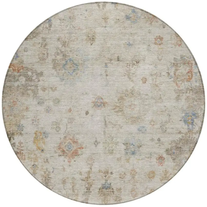 8' Ivory Beige And Blue Round Floral Washable Indoor Outdoor Area Rug Photo 4