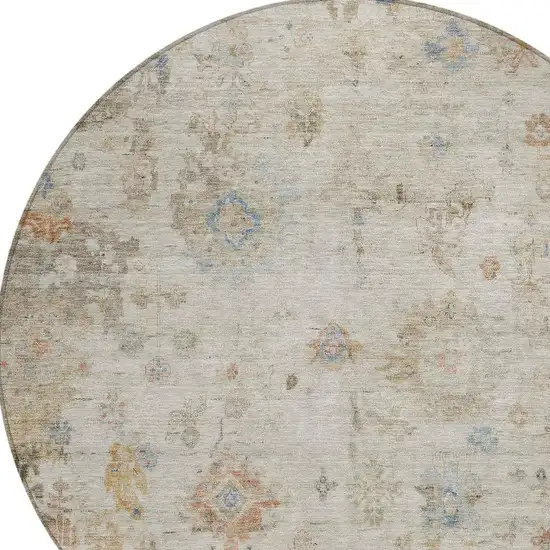 8' Ivory Beige And Blue Round Floral Washable Indoor Outdoor Area Rug Photo 7