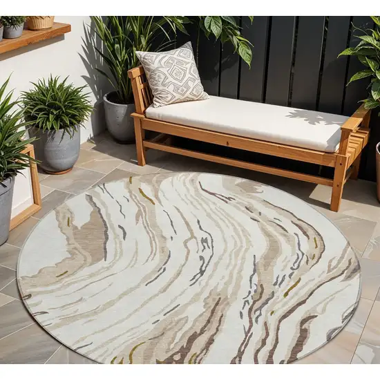 8' Ivory Beige And Brown Round Abstract Washable Indoor Outdoor Area Rug Photo 1