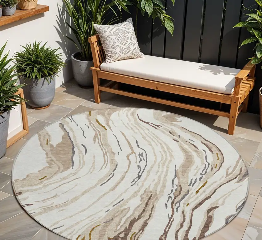 8' Ivory Beige And Brown Round Abstract Washable Indoor Outdoor Area Rug Photo 1