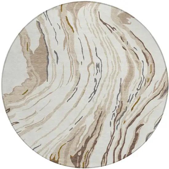 8' Ivory Beige And Brown Round Abstract Washable Indoor Outdoor Area Rug Photo 2