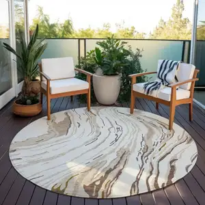Photo of 8' Ivory Beige And Brown Round Abstract Washable Indoor Outdoor Area Rug