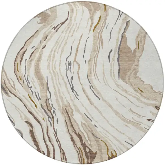 8' Ivory Beige And Brown Round Abstract Washable Indoor Outdoor Area Rug Photo 5