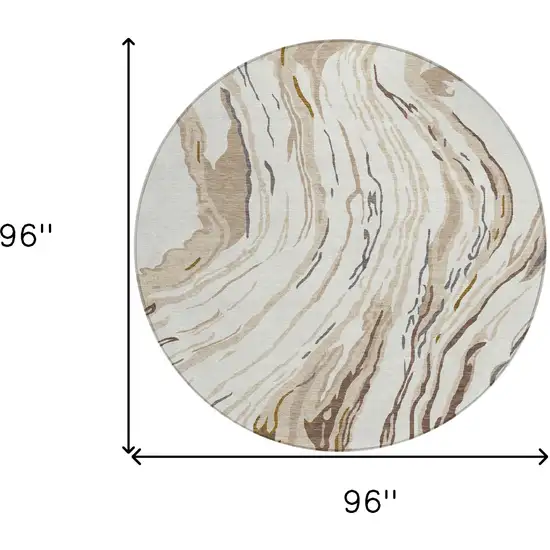8' Ivory Beige And Brown Round Abstract Washable Indoor Outdoor Area Rug Photo 3