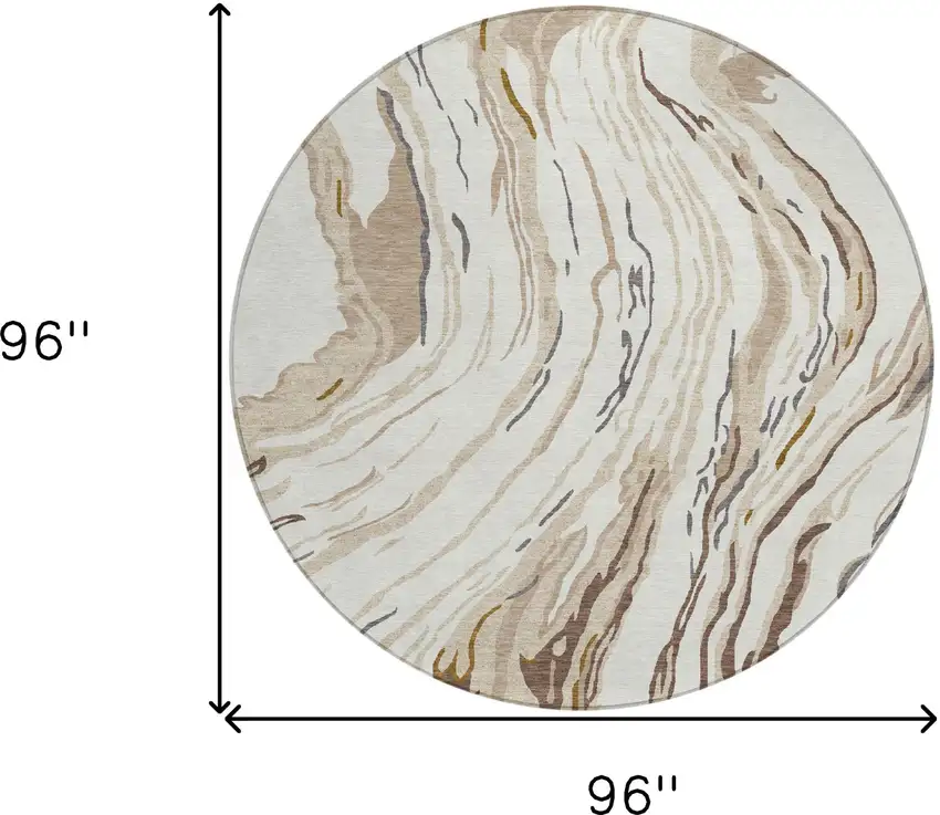8' Ivory Beige And Brown Round Abstract Washable Indoor Outdoor Area Rug Photo 3