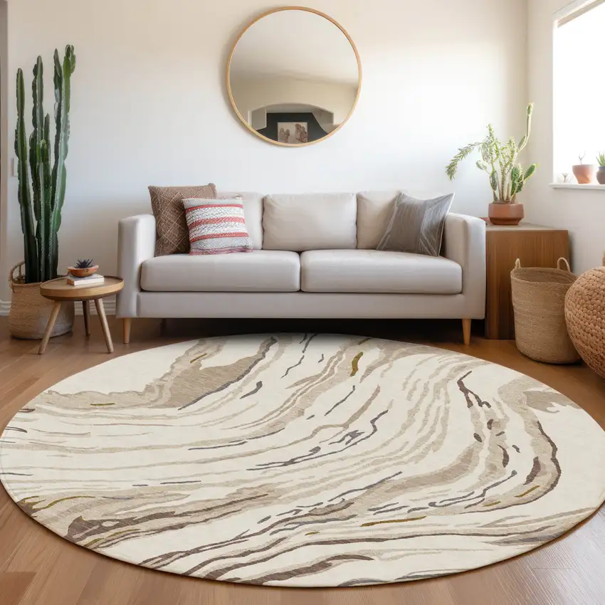8' Ivory Beige And Brown Round Abstract Washable Indoor Outdoor Area Rug Photo 7