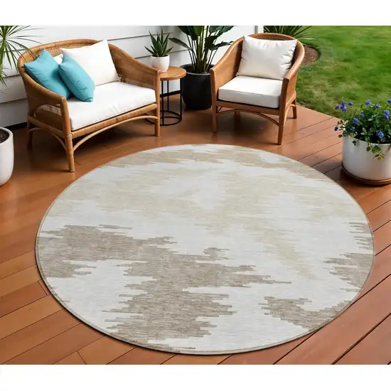 8' Ivory Beige And Brown Round Abstract Washable Indoor Outdoor Area Rug Photo 1