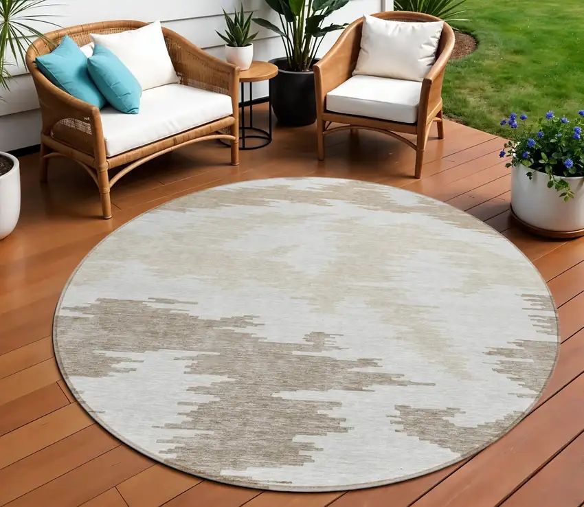 8' Ivory Beige And Brown Round Abstract Washable Indoor Outdoor Area Rug Photo 1