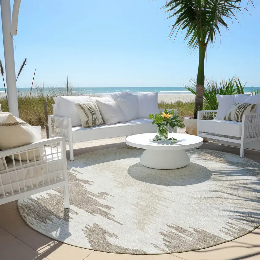 8' Ivory Beige And Brown Round Abstract Washable Indoor Outdoor Area Rug Photo 6