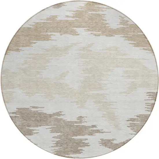 8' Ivory Beige And Brown Round Abstract Washable Indoor Outdoor Area Rug Photo 1