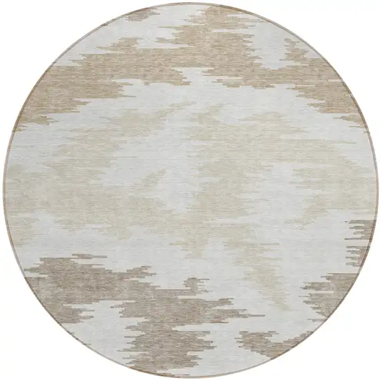 8' Ivory Beige And Brown Round Abstract Washable Indoor Outdoor Area Rug Photo 1