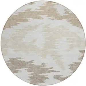 Photo of 8' Ivory Beige And Brown Round Abstract Washable Indoor Outdoor Area Rug