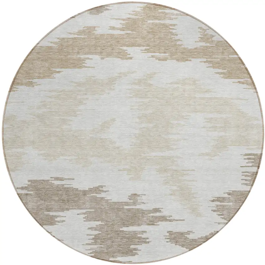 8' Ivory Beige And Brown Round Abstract Washable Indoor Outdoor Area Rug Photo 1