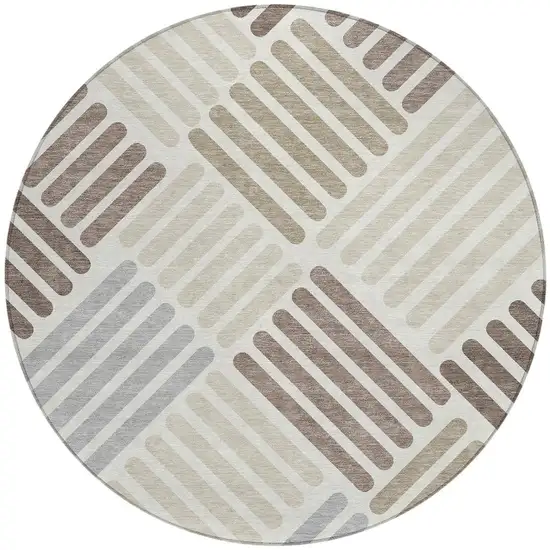 8' Ivory Beige And Brown Round Geometric Washable Indoor Outdoor Area Rug Photo 4