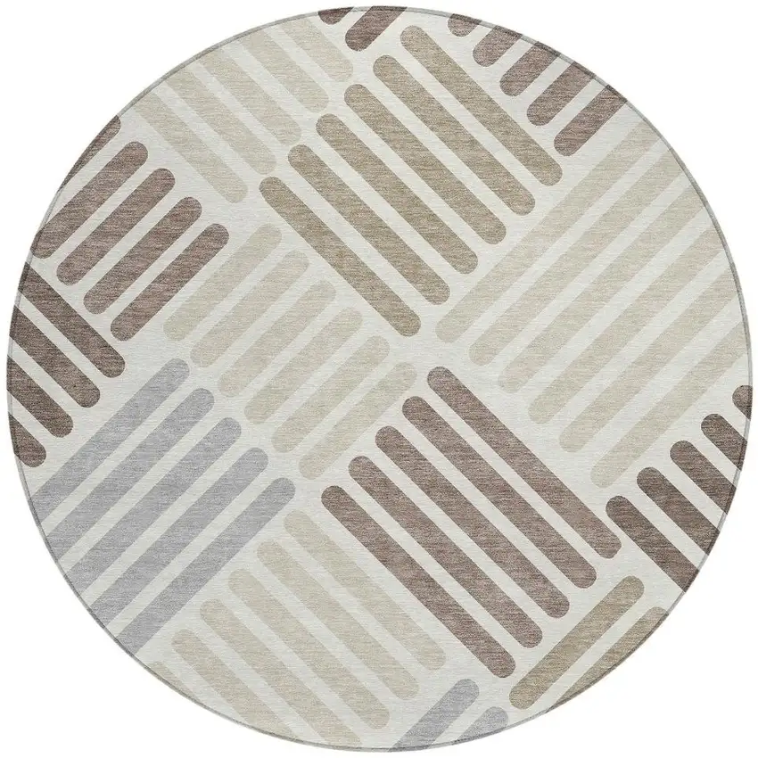 8' Ivory Beige And Brown Round Geometric Washable Indoor Outdoor Area Rug Photo 4