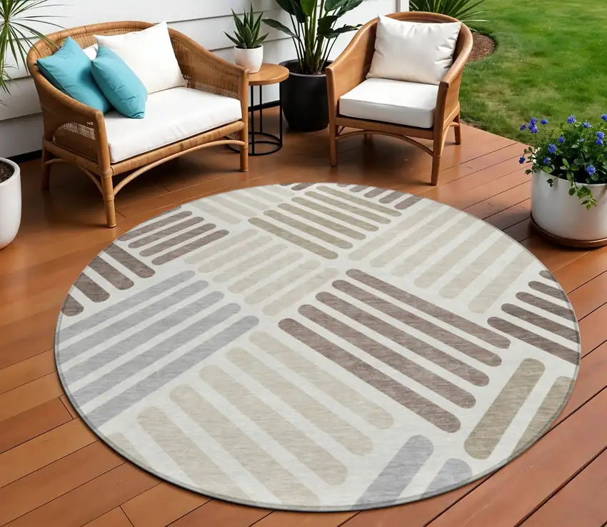 8' Ivory Beige And Brown Round Geometric Washable Indoor Outdoor Area Rug Photo 1