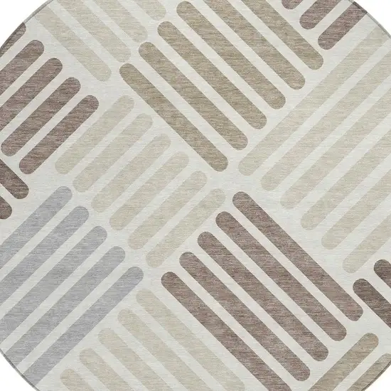 8' Ivory Beige And Brown Round Geometric Washable Indoor Outdoor Area Rug Photo 6